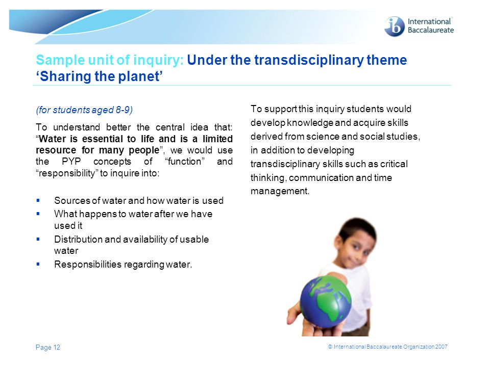 Sample unit of inquiry: Under the transdisciplinary theme ‘Sharing the planet’ (for students aged 8-9)