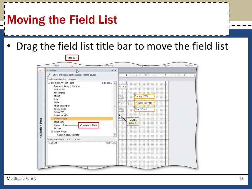 Moving the Field List Drag the field list title bar to move the field list Multitable Forms
