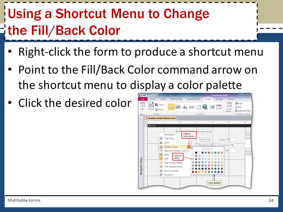 Using a Shortcut Menu to Change the Fill/Back Color