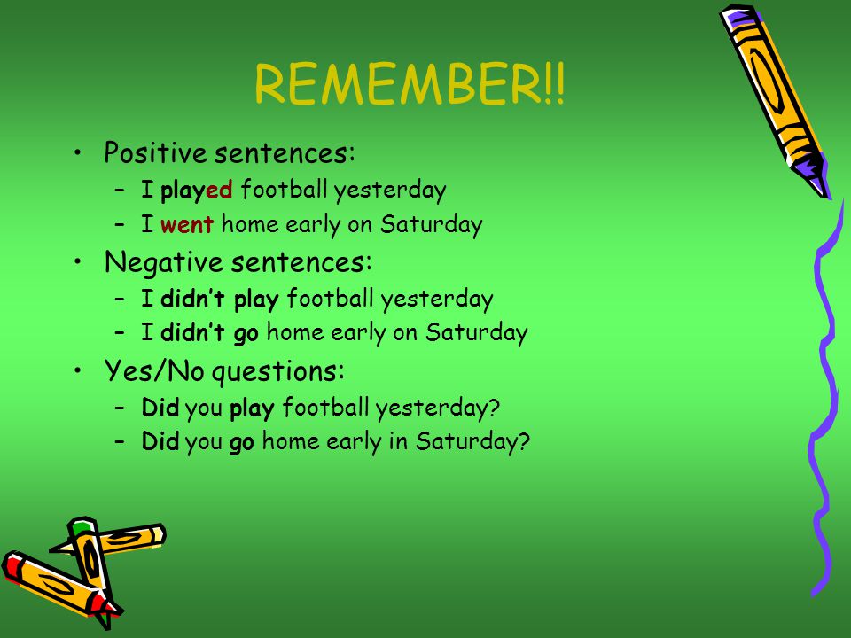 REMEMBER!! Positive sentences: Negative sentences: Yes/No questions: