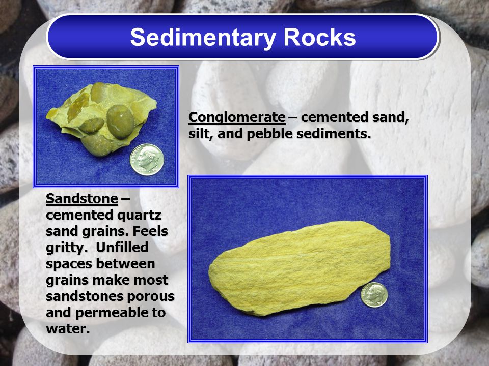 Sedimentary Rocks Conglomerate – cemented sand, silt, and pebble sediments.