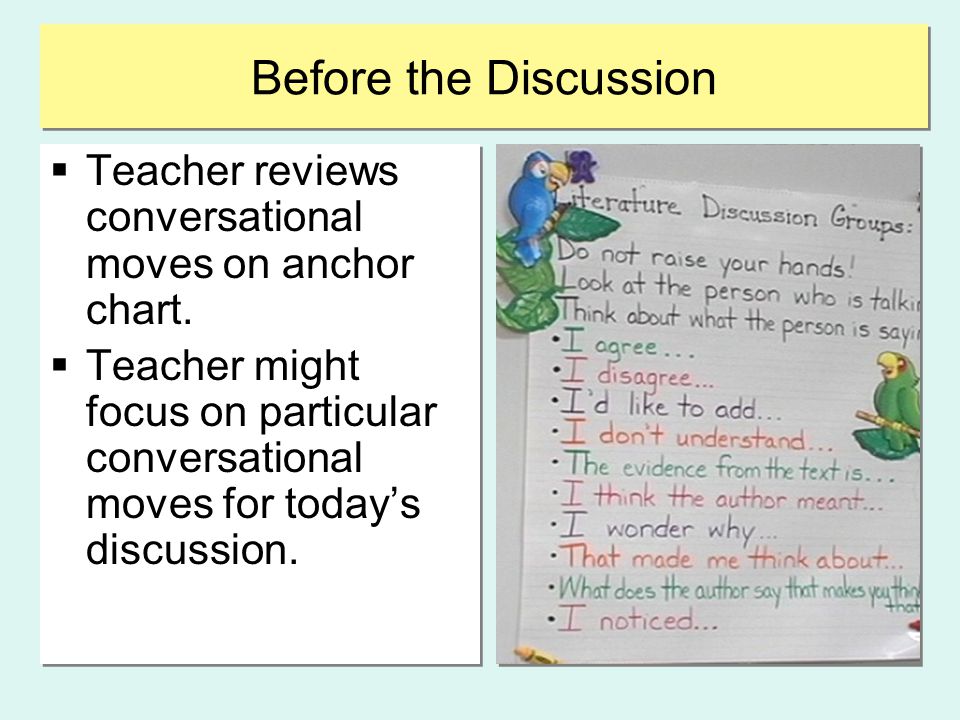 Before the Discussion Teacher reviews conversational moves on anchor chart.
