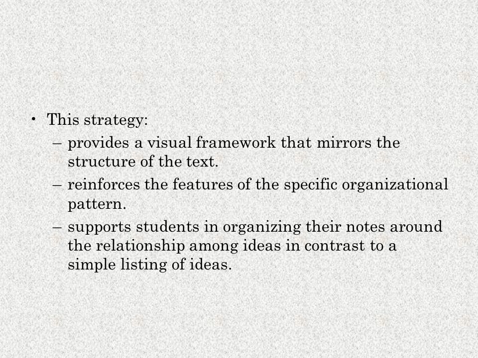 This strategy: provides a visual framework that mirrors the structure of the text. reinforces the features of the specific organizational pattern.