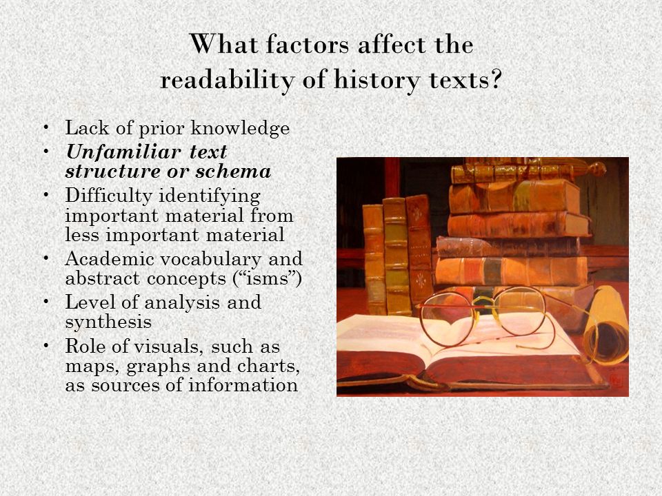 What factors affect the readability of history texts