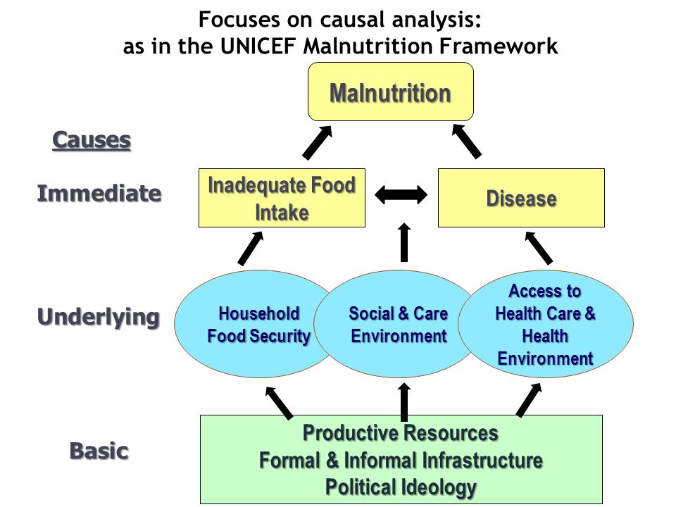 Focuses on causal analysis: as in the UNICEF Malnutrition Framework
