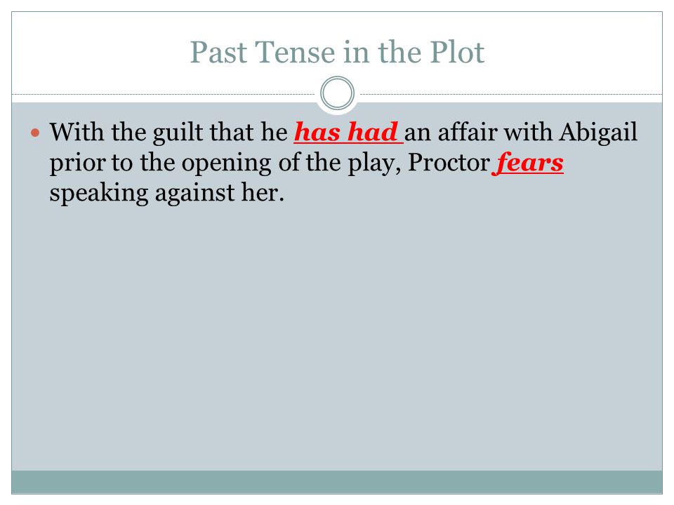 Past Tense in the Plot With the guilt that he has had an affair with Abigail prior to the opening of the play, Proctor fears speaking against her.