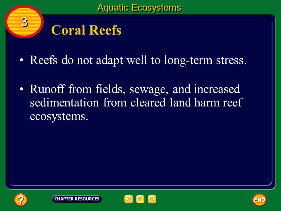 Coral Reefs 3 Reefs do not adapt well to long-term stress.