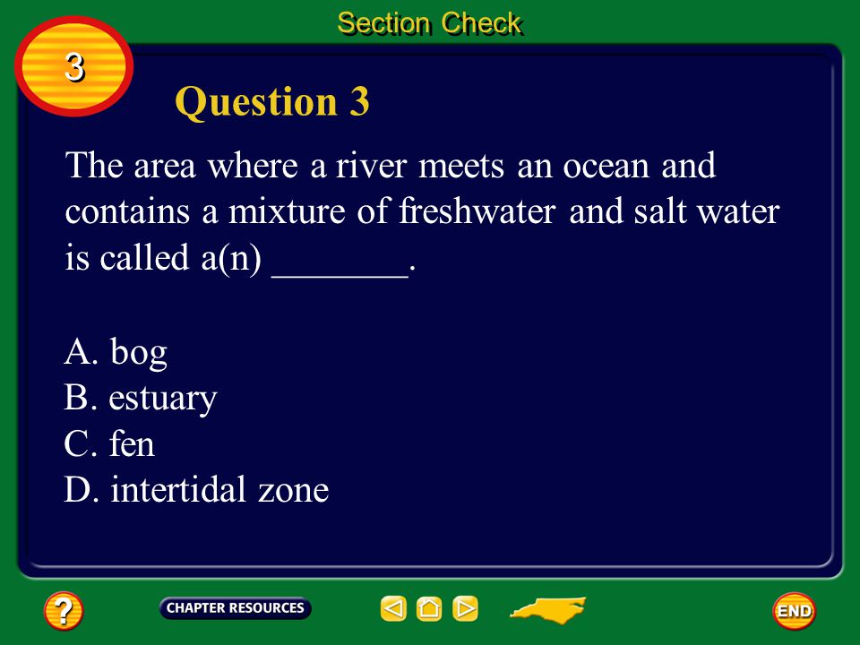 Section Check 3. Question 3. The area where a river meets an ocean and contains a mixture of freshwater and salt water is called a(n) _______.