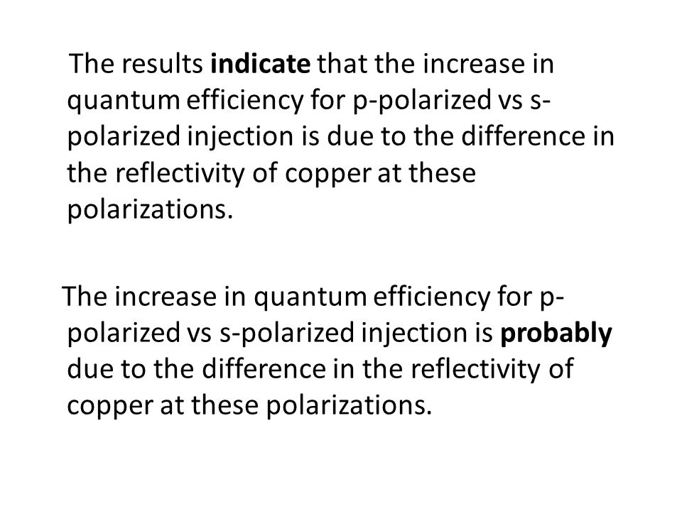 The results indicate that the increase in quantum efficiency for p-polarized vs s-polarized injection is due to the difference in the reflectivity of copper at these polarizations.
