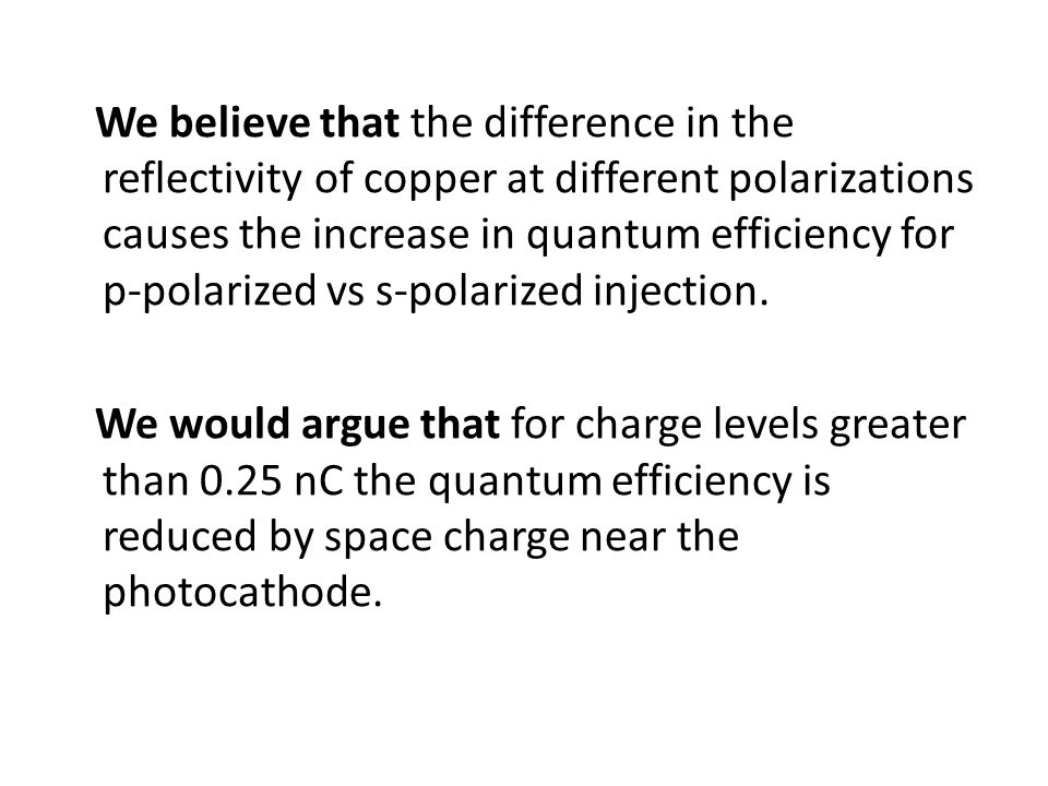 We believe that the difference in the reflectivity of copper at different polarizations causes the increase in quantum efficiency for p-polarized vs s-polarized injection.