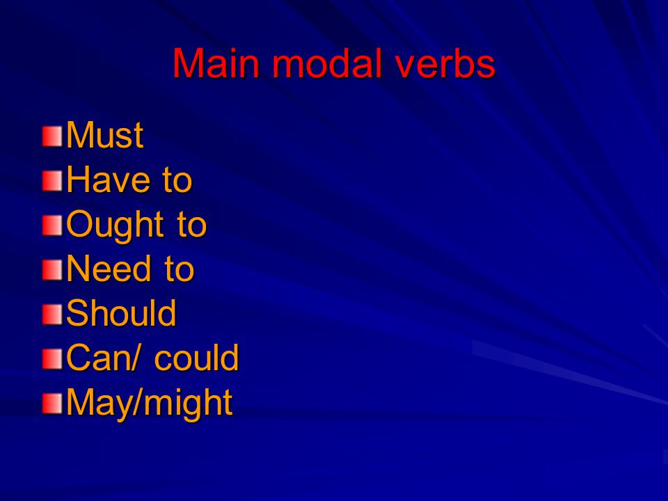 Main modal verbs Must Have to Ought to Need to Should Can/ could
