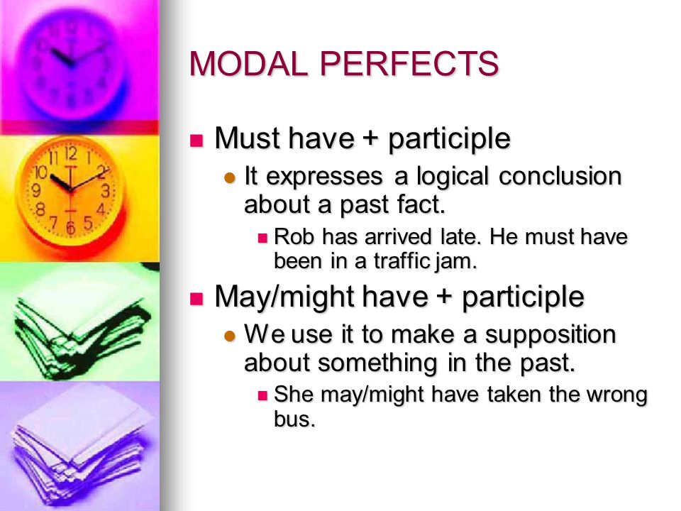 MODAL PERFECTS Must have + participle May/might have + participle