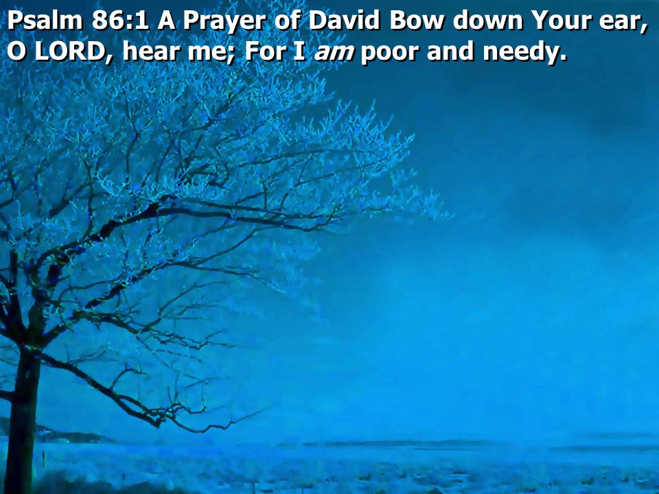 Psalm 86:1 A Prayer of David Bow down Your ear, O LORD, hear me; For I am poor and needy.