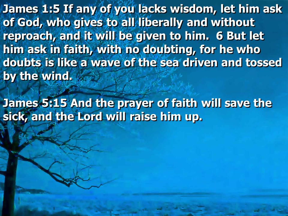 James 1:5 If any of you lacks wisdom, let him ask of God, who gives to all liberally and without reproach, and it will be given to him. 6 But let him ask in faith, with no doubting, for he who doubts is like a wave of the sea driven and tossed by the wind.