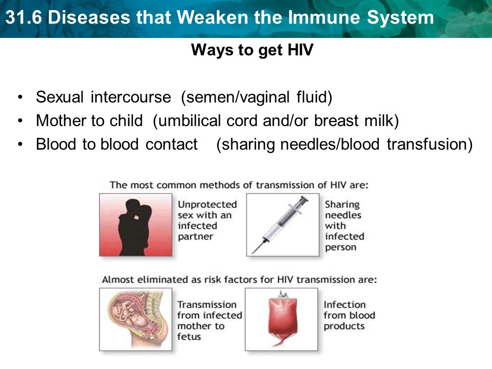 Ways to get HIV Sexual intercourse (semen/vaginal fluid) Mother to child (umbilical cord and/or breast milk)