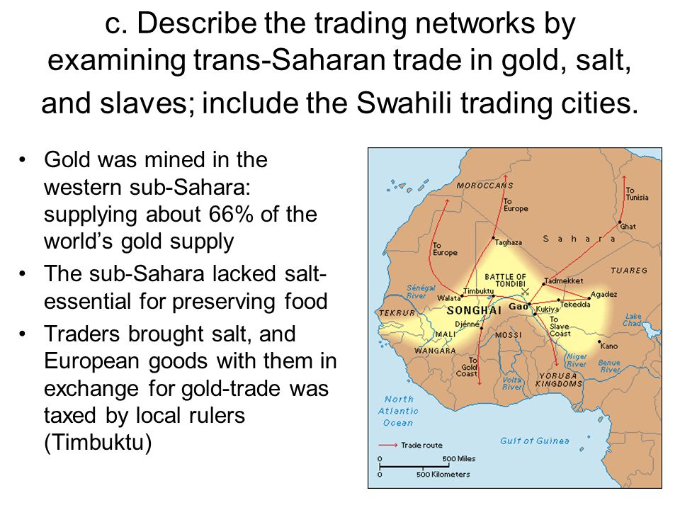 c. Describe the trading networks by examining trans-Saharan trade in gold, salt, and slaves; include the Swahili trading cities.