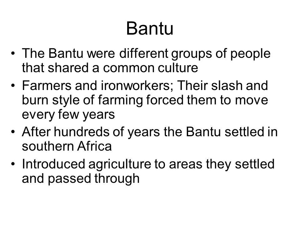 Bantu The Bantu were different groups of people that shared a common culture.
