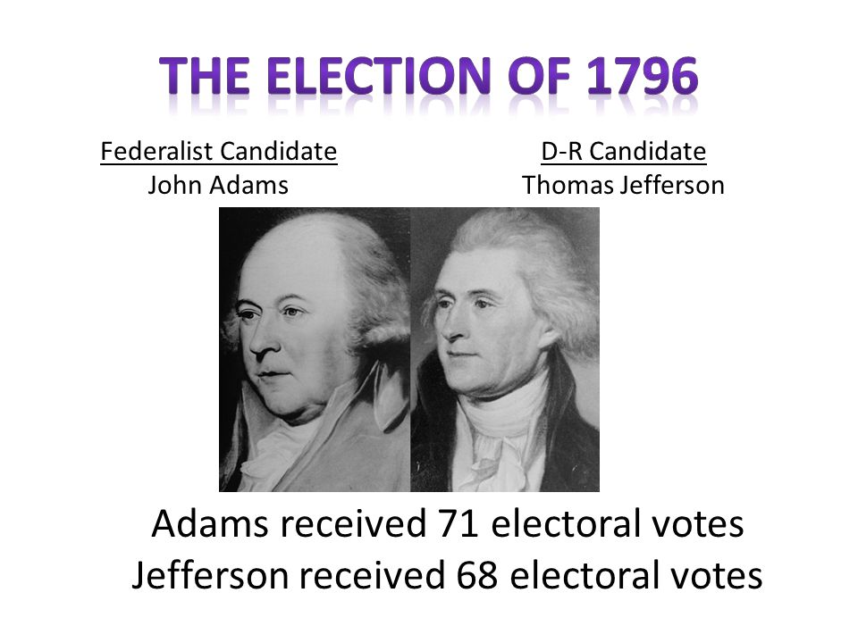 The Election of 1796 Adams received 71 electoral votes