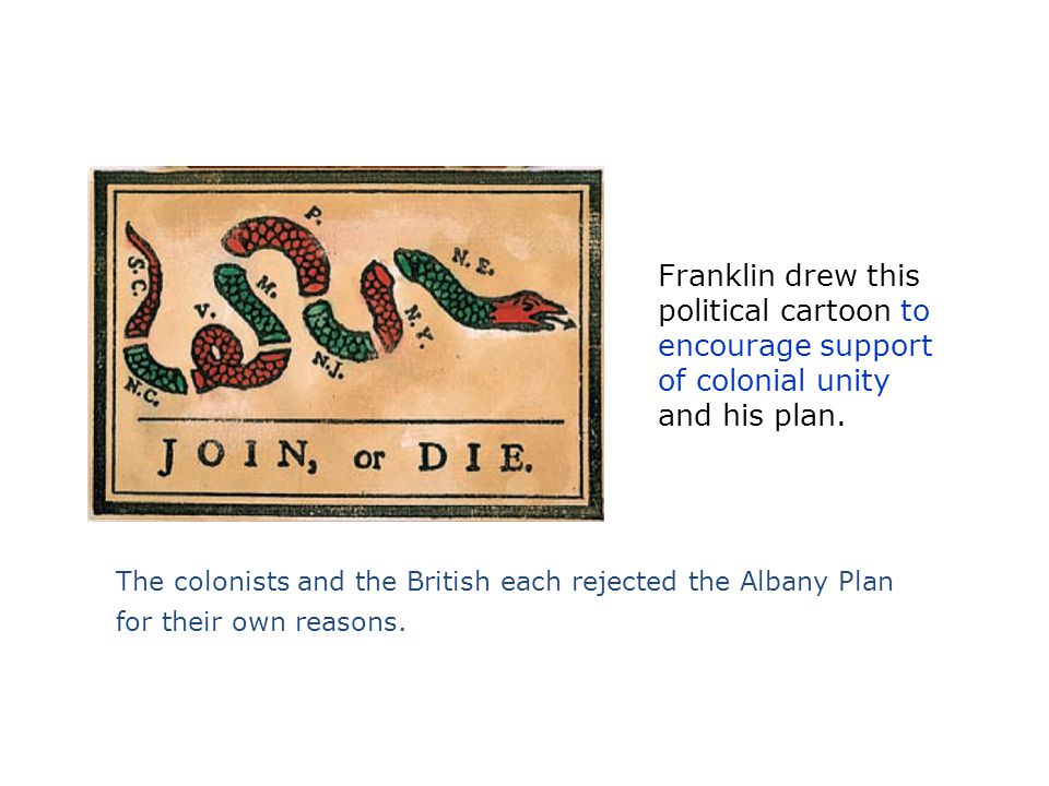 Franklin drew this political cartoon to encourage support of colonial unity and his plan.