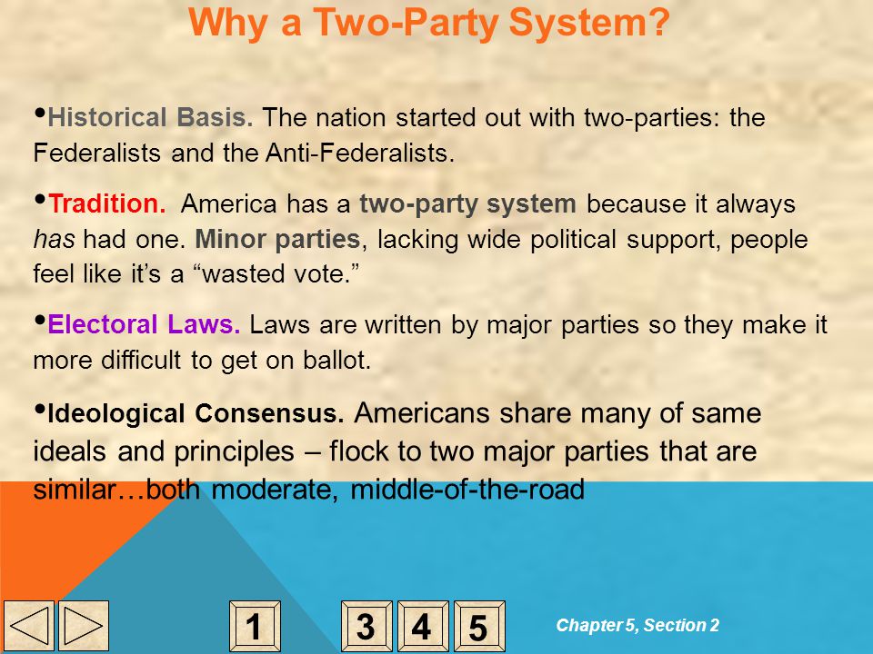 Why a Two-Party System Historical Basis. The nation started out with two-parties: the Federalists and the Anti-Federalists.