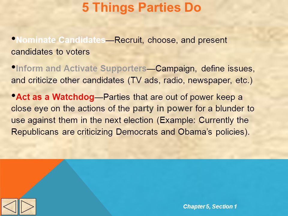 5 Things Parties Do Nominate Candidates—Recruit, choose, and present candidates to voters.