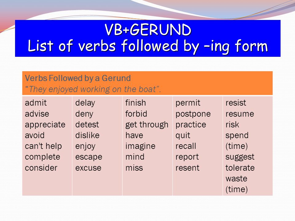 List of verbs followed by –ing form