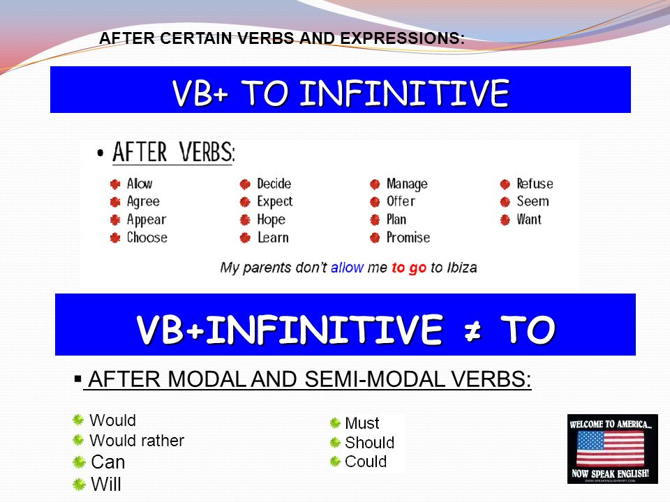 VB+INFINITIVE ≠ TO VB+ TO INFINITIVE AFTER MODAL AND SEMI-MODAL VERBS: