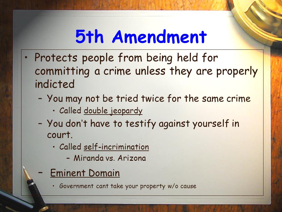 5th Amendment Protects people from being held for committing a crime unless they are properly indicted.