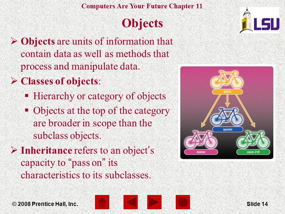 Objects Objects are units of information that contain data as well as methods that process and manipulate data.