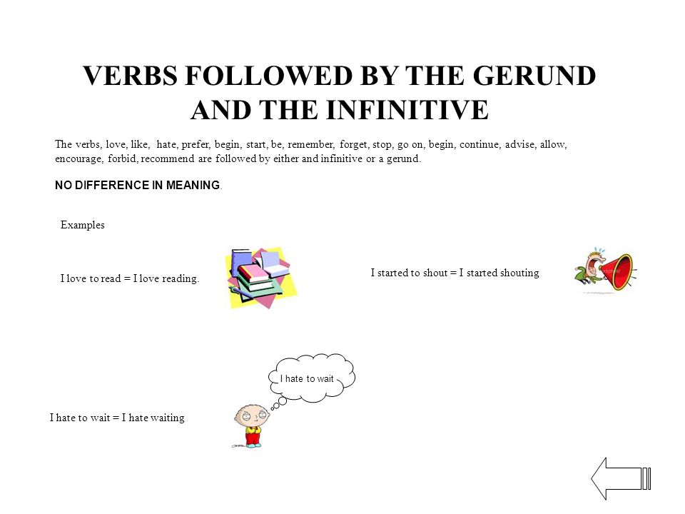 VERBS FOLLOWED BY THE GERUND AND THE INFINITIVE