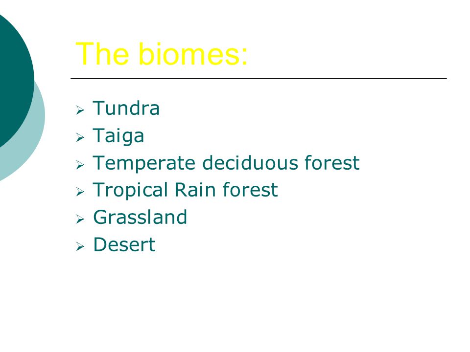 The biomes: Tundra Taiga Temperate deciduous forest