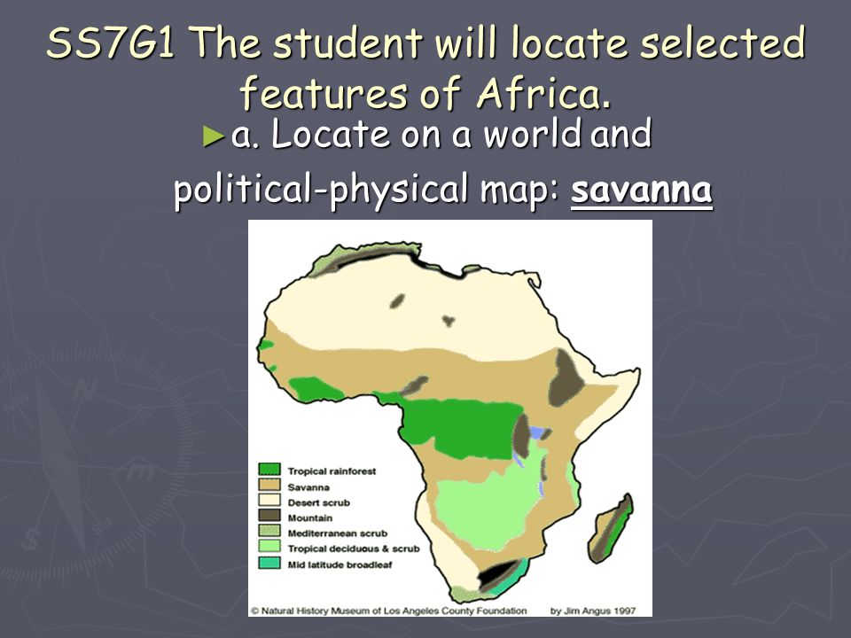 SS7G1 The student will locate selected features of Africa.