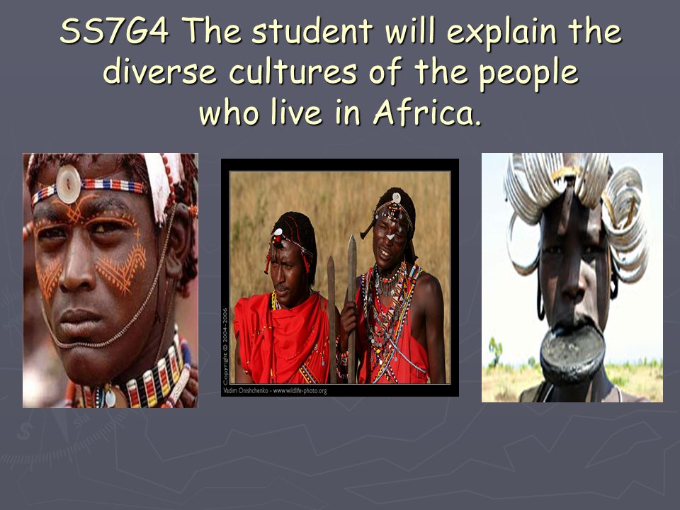 SS7G4 The student will explain the diverse cultures of the people who live in Africa.