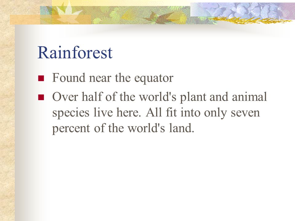 Rainforest Found near the equator