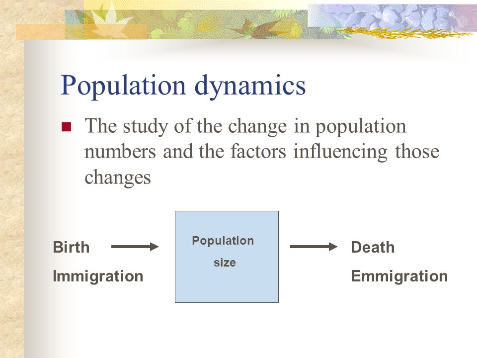 Population dynamics The study of the change in population numbers and the factors influencing those changes.