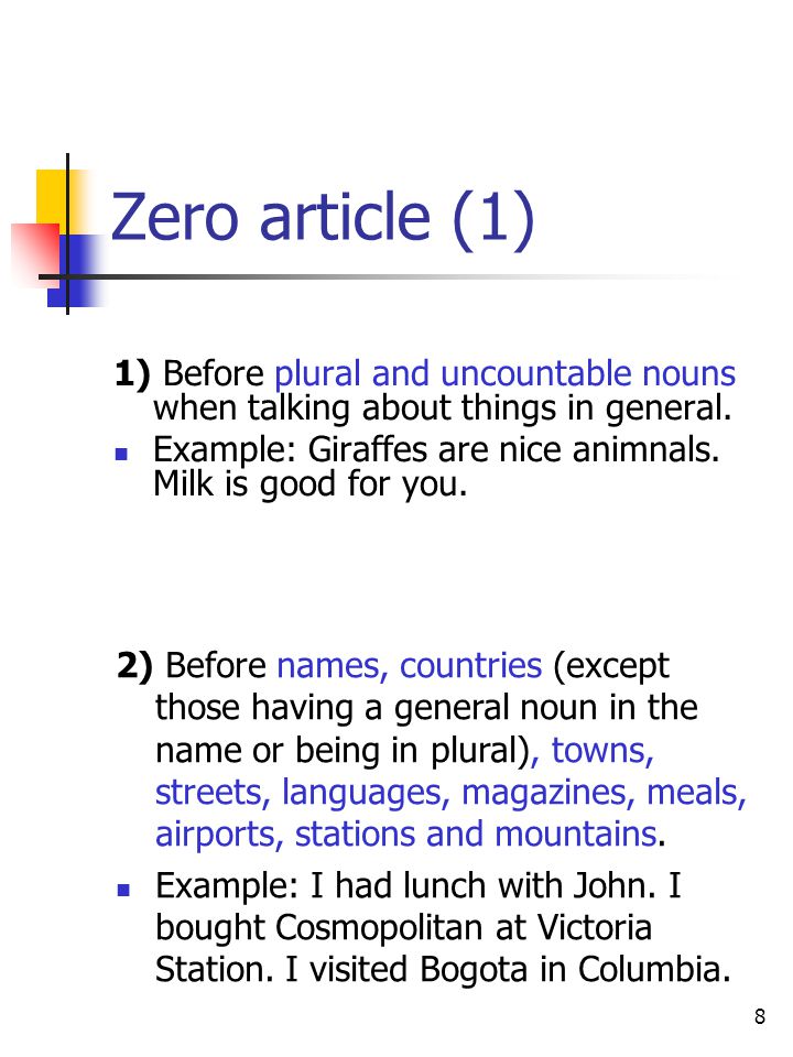 Zero article (1) 1) Before plural and uncountable nouns when talking about things in general.