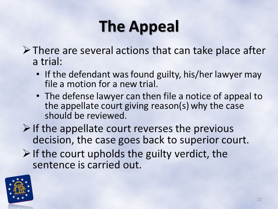 The Appeal There are several actions that can take place after a trial: