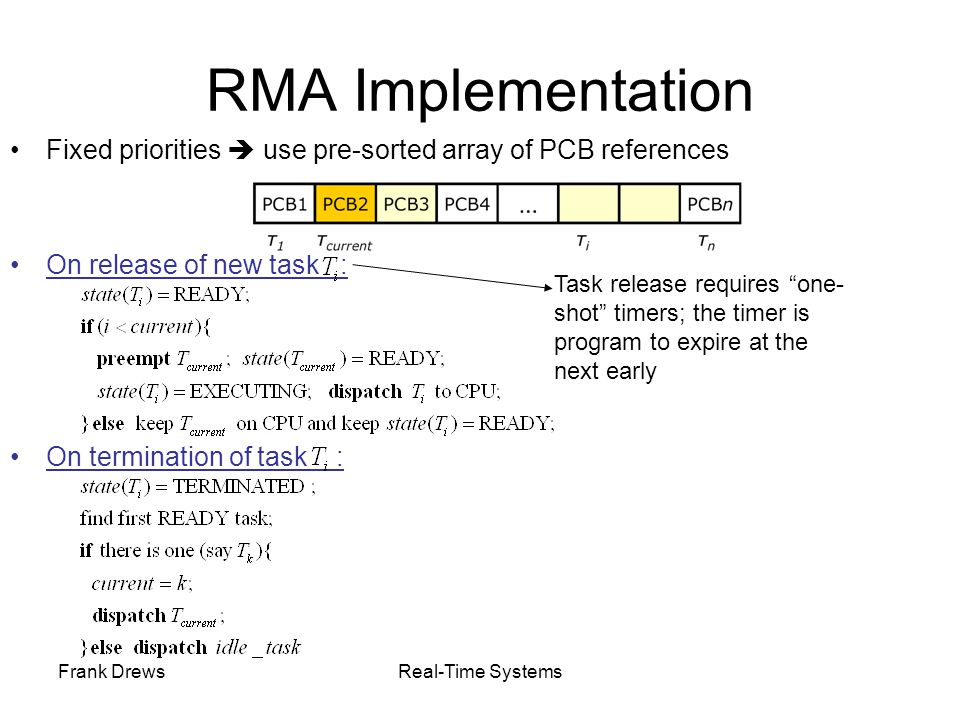 RMA Implementation Fixed priorities  use pre-sorted array of PCB references. On release of new task :