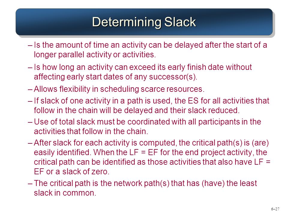 Determining Slack Is the amount of time an activity can be delayed after the start of a longer parallel activity or activities.