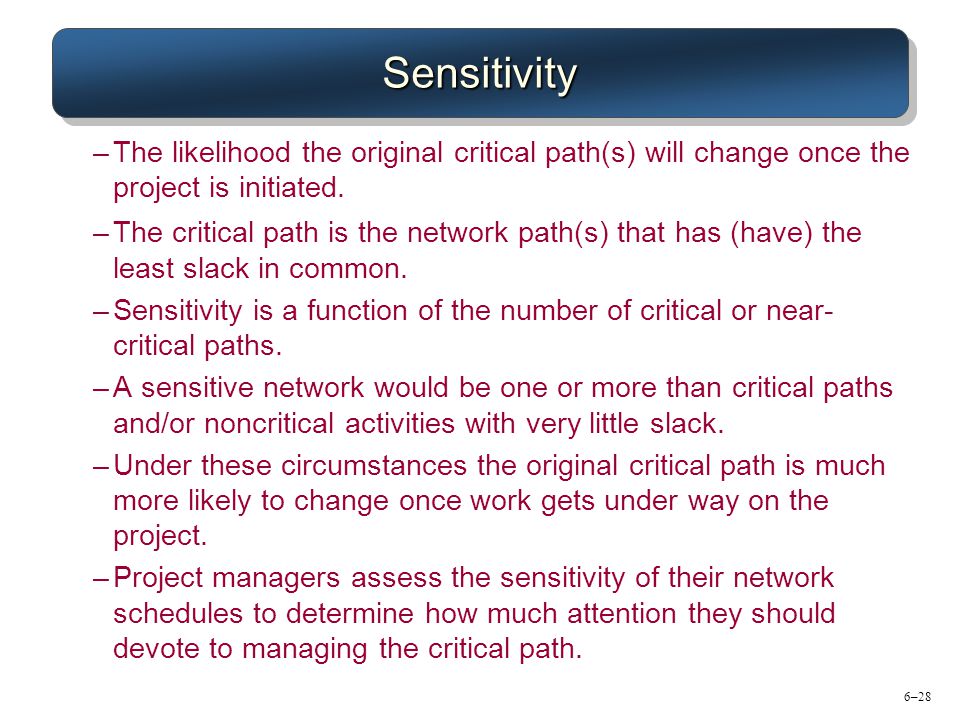 Sensitivity The likelihood the original critical path(s) will change once the project is initiated.