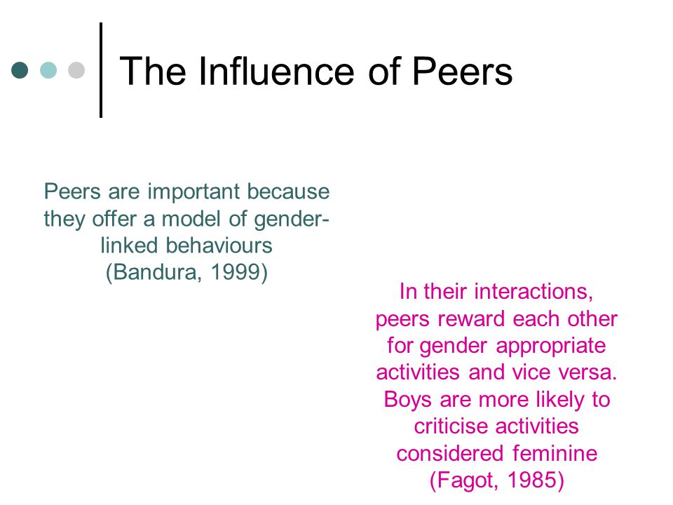 The Influence of Peers Peers are important because they offer a model of gender-linked behaviours. (Bandura, 1999)