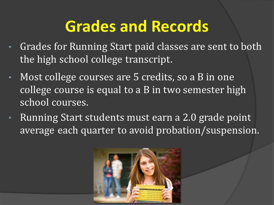 Grades and Records Grades for Running Start paid classes are sent to both the high school college transcript.