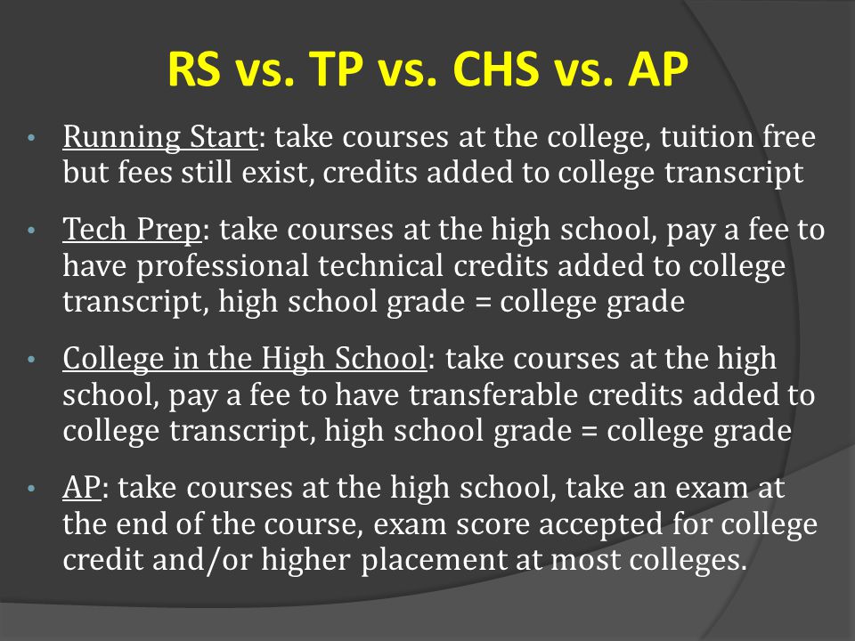 RS vs. TP vs. CHS vs. AP Running Start: take courses at the college, tuition free but fees still exist, credits added to college transcript.