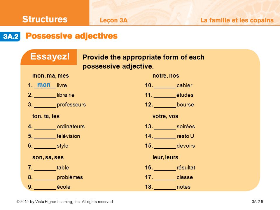 Point de départ In both English and French, possessive adjectives express  ownership or possession. © 2015 by Vista Higher Learning, Inc. All rights  reserved. - ppt video online download