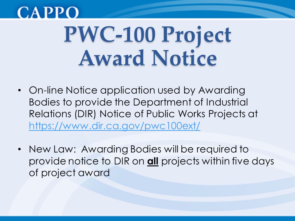 PWC-100 Project Award Notice