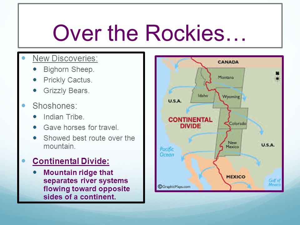 Over the Rockies… New Discoveries: Shoshones: Continental Divide: