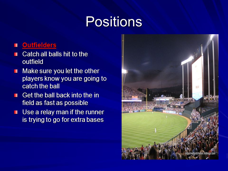 Positions Outfielders Catch all balls hit to the outfield