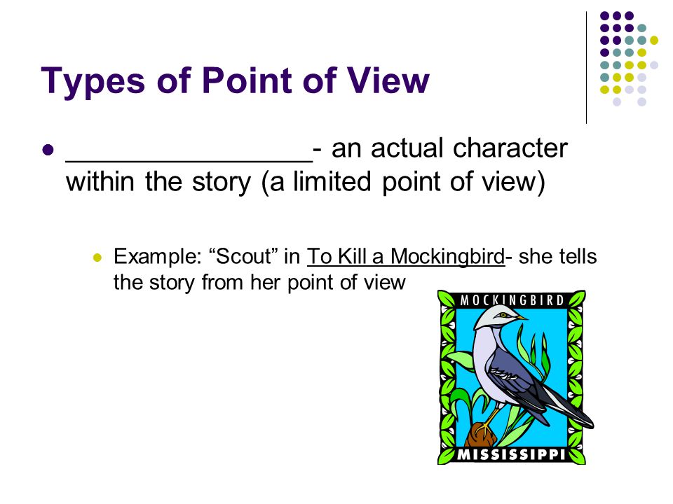 Types of Point of View ________________- an actual character within the story (a limited point of view)