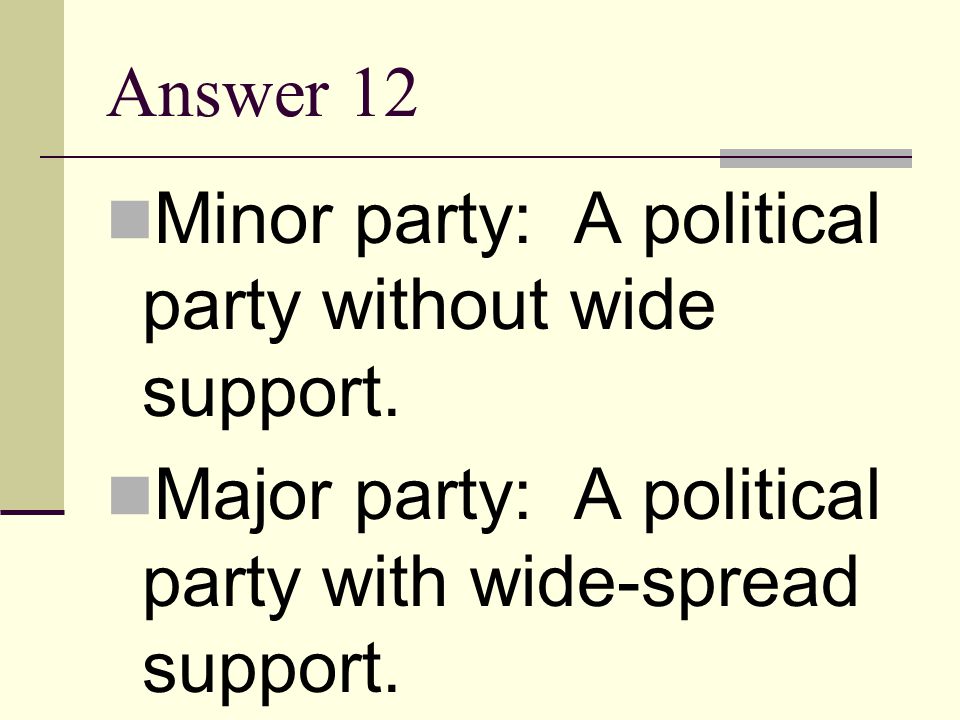 Answer 12 Minor party: A political party without wide support.