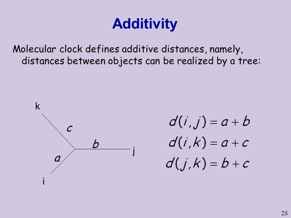 Additivity Molecular clock defines additive distances, namely, distances between objects can be realized by a tree:
